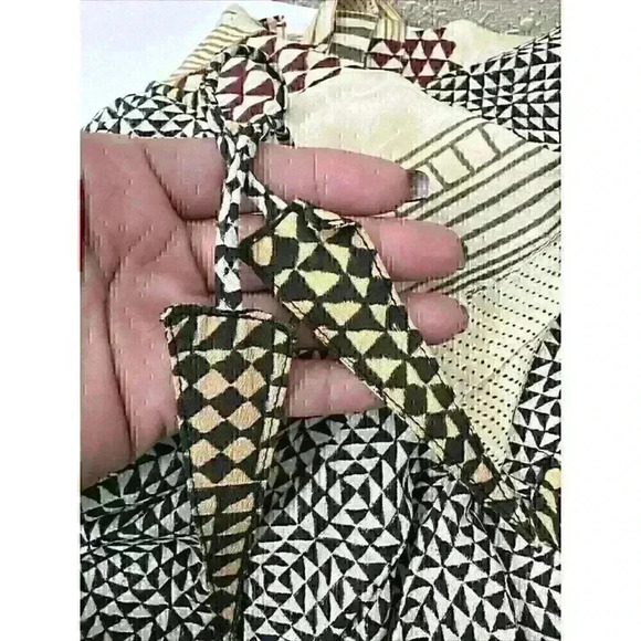 VOLANTIS  G.V. MAJIL Hand Painted 100% Silk Tan Aztec Zigzag Boho dress one size - Picture 9 of 10